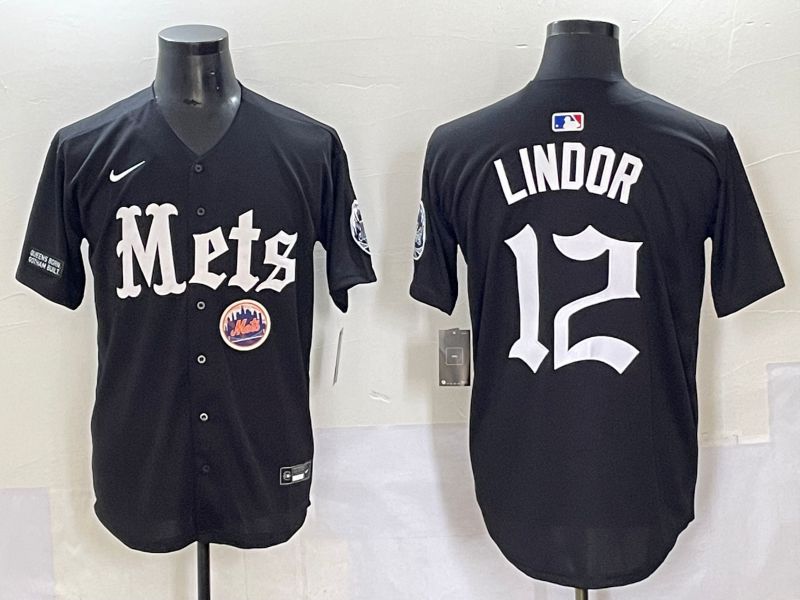 Men 2025 New York Mets #12 Lindor Black Five generations Joint Name Nike MLB Jersey style 15->new york mets->MLB Jersey
